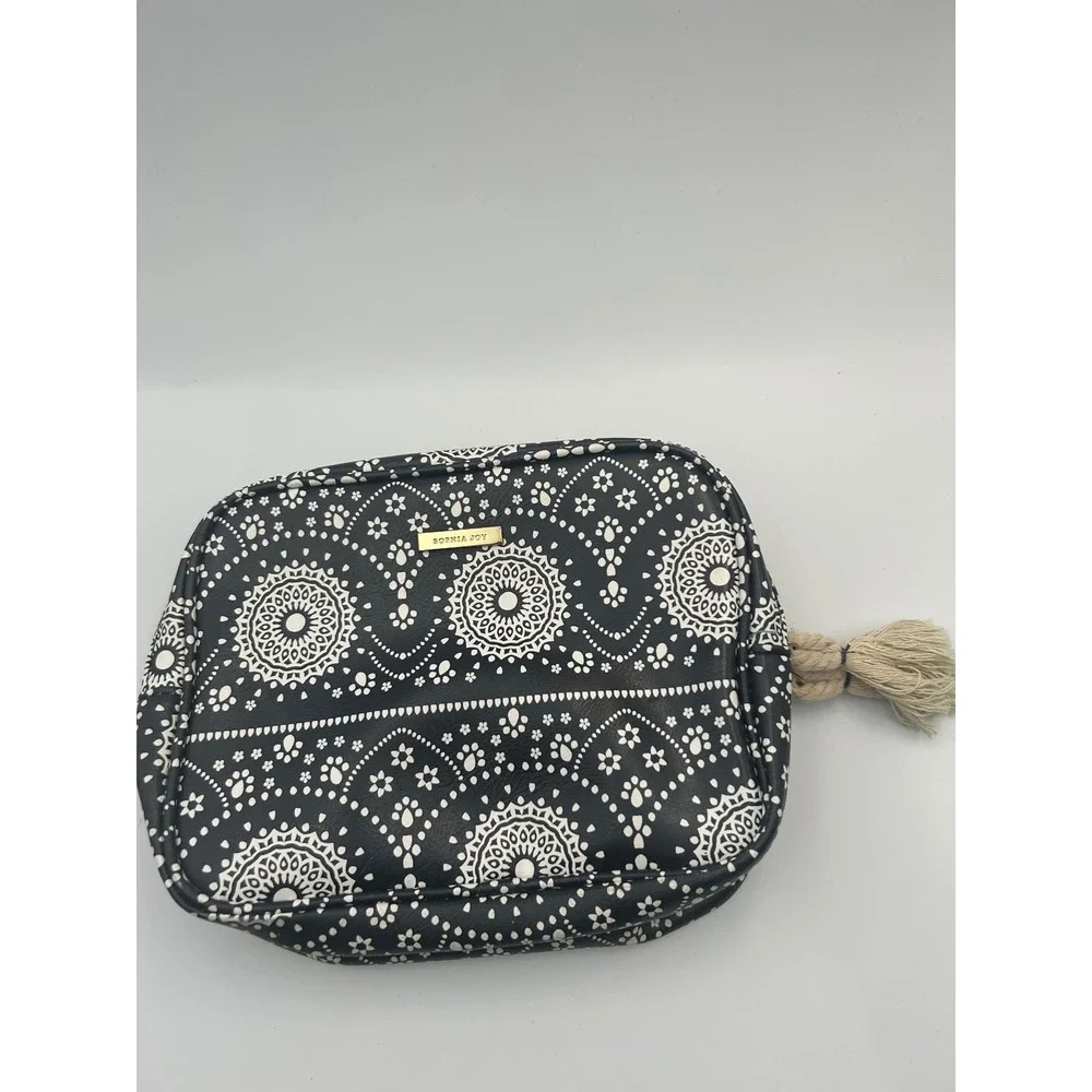 Sophia Joy Black White Mandala Double Zip Cosmetic Bag Teal Interior Tassel